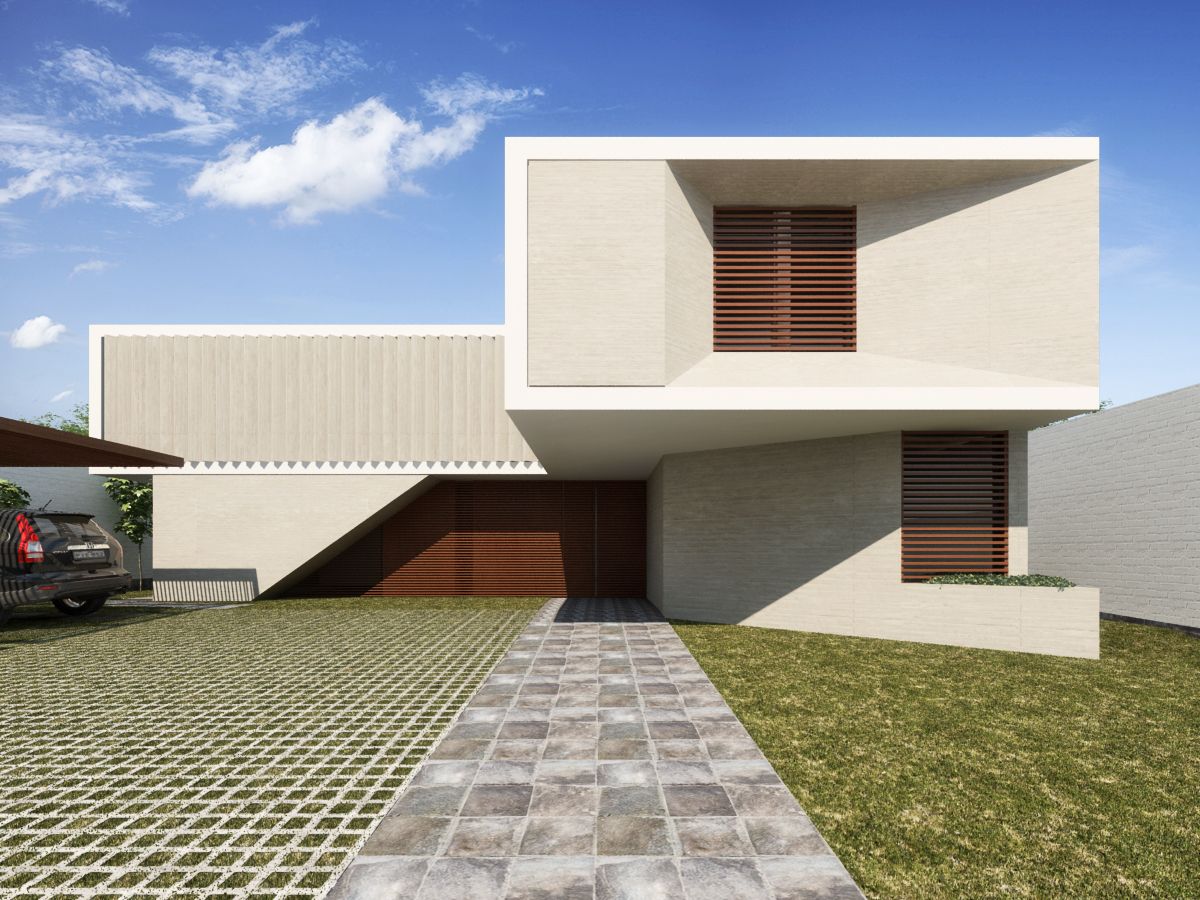 Vista 3d frontal fachada Casa REV en La Molina