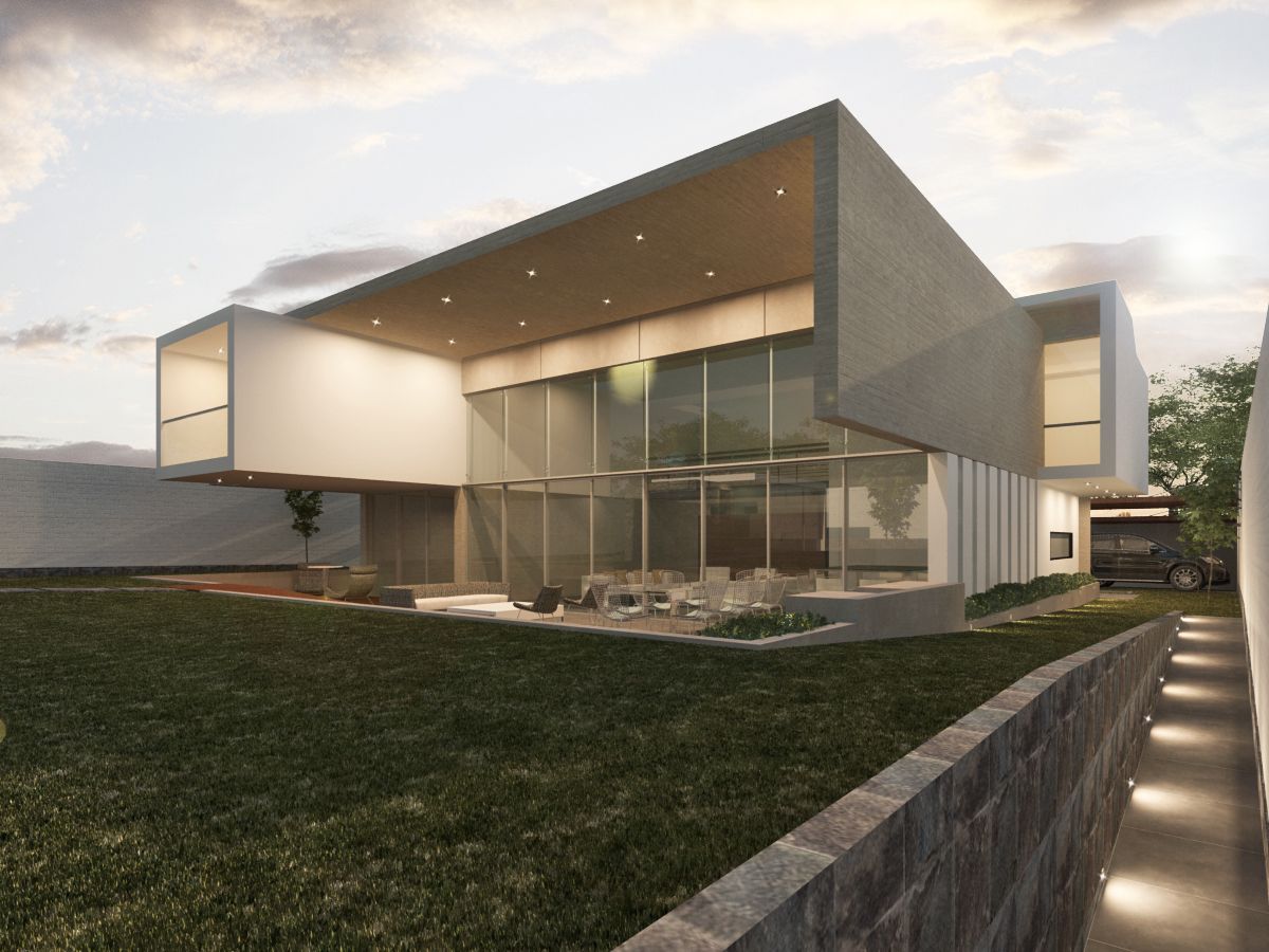 Casa REV en La Molina, vista 3d fachada interior de noche